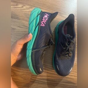 Hoka Women's Navy Running Shoes with Teal Soles and Pink Logo